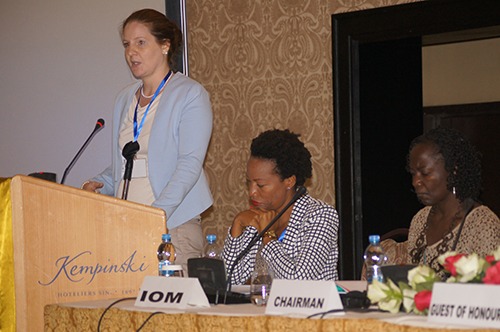 Representative of the Swiss Government makes her remarks as the IGAD and IOM counterparts listen keenly